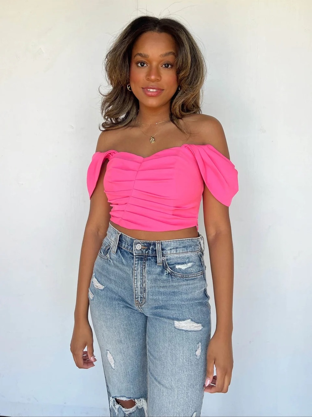 vestique Off-Shoulder Ruched Crop Top - Bright Pink